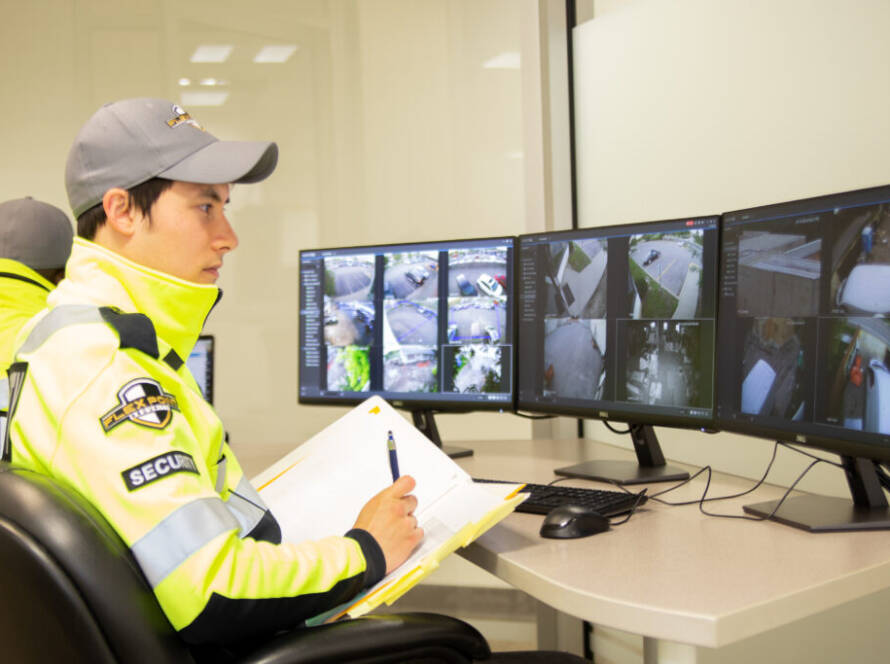 Flex Point Security's CCTV video alarm system response team sitting in an office with monitors