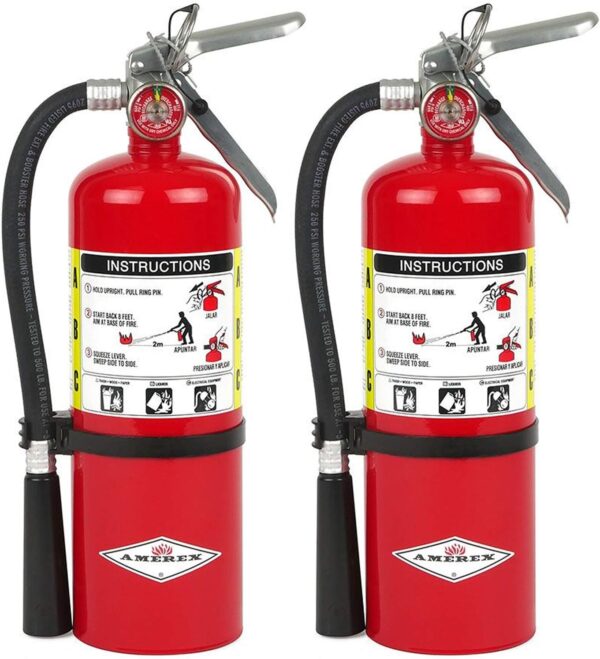 Close up of 2 Amerex B500 fire extinguishers