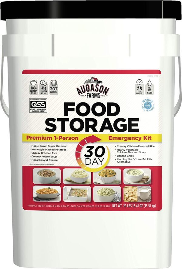 Close up of Augason Farms 30 day emergency food storage supply