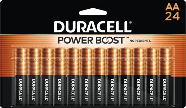 Close up of a Duracell 24 pack of AA batteries