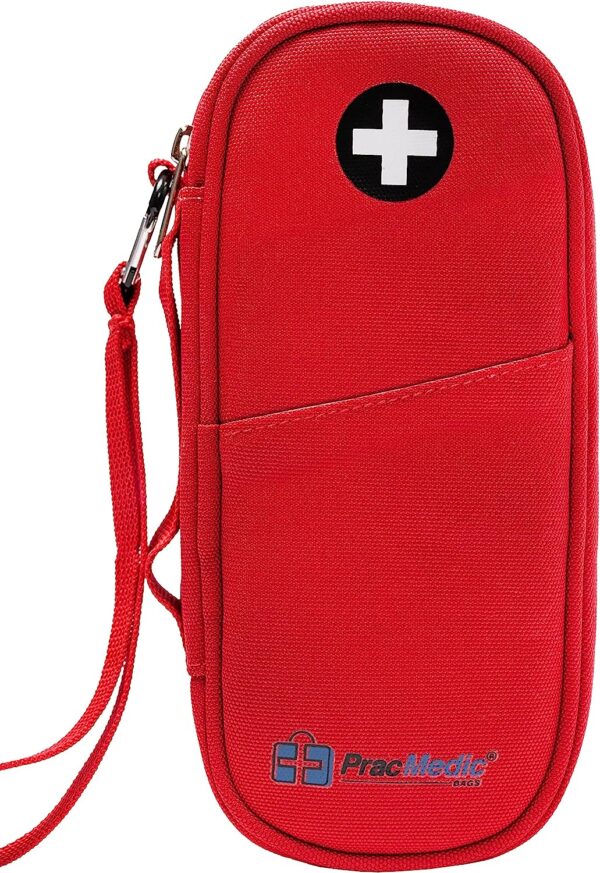 Close up of a PracMedic red EpiPen carrying case