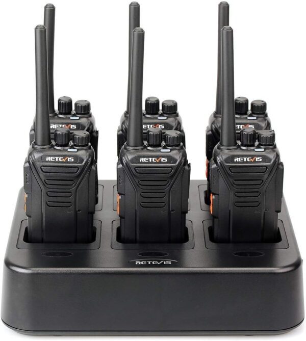 Close up of 6 Retevis RT27 walkie talkies