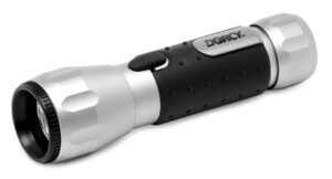 Close up of a silver and black Dorcy flashlight