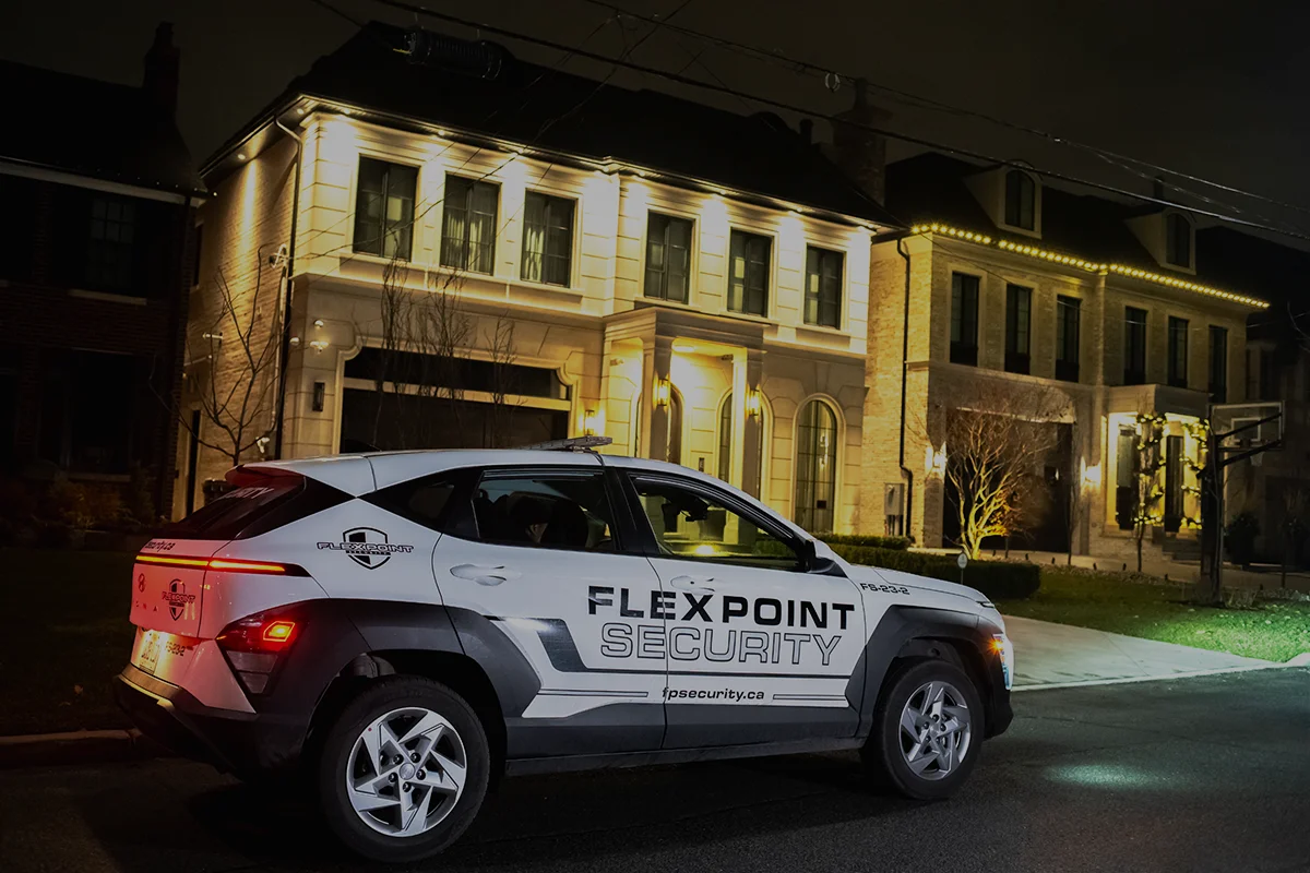 A Flex Point Security patrol vehicle outside of a client's home during neighbourhood patrols