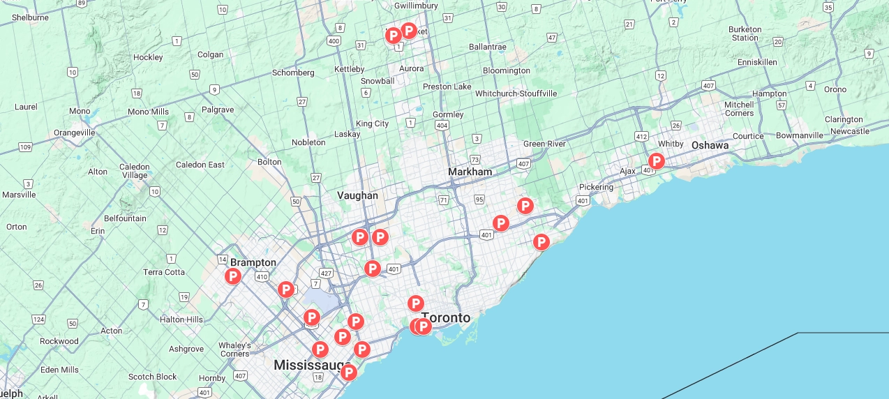 A map of the Greater Toronto Area with "P" icons throughout the map of where Flex Point Security has parking enforcement clients